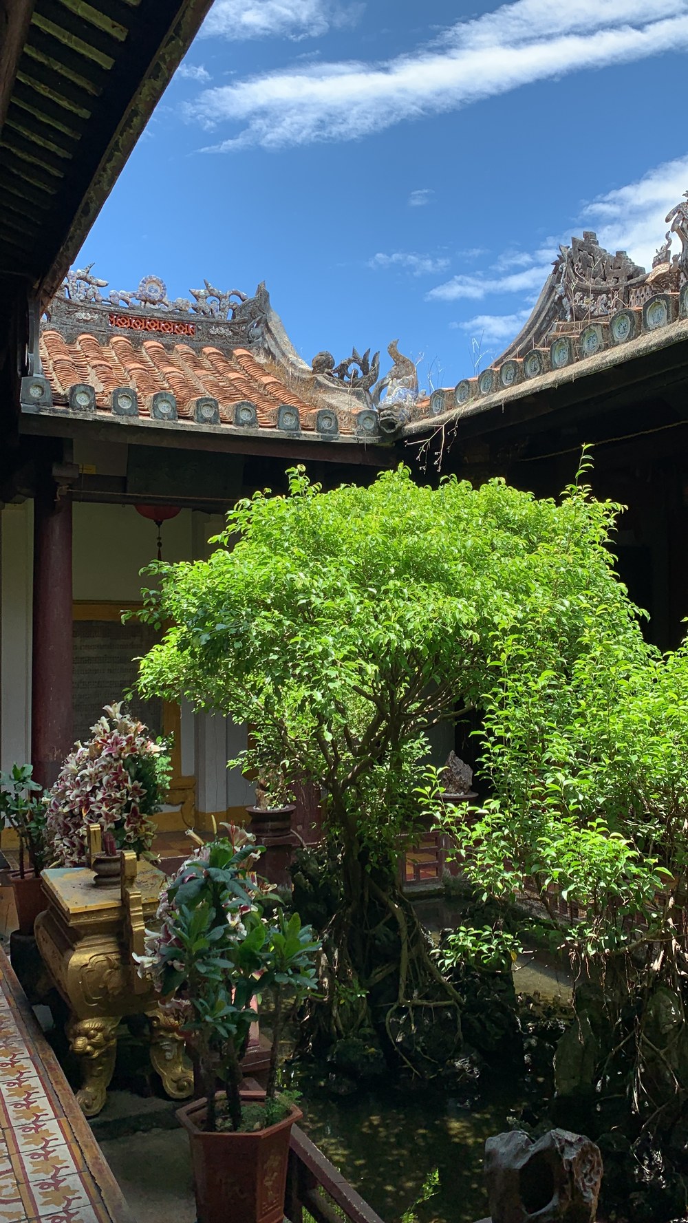 The open courtyard of Trừng Hán Cung seen from below, two tiled roofs meeting overhead with porcelain-inlaid ridge decoration, a bonsai tree growing from a miniature rock garden, a red lantern hanging to one side, potted lilies beside a bronze incense burner.