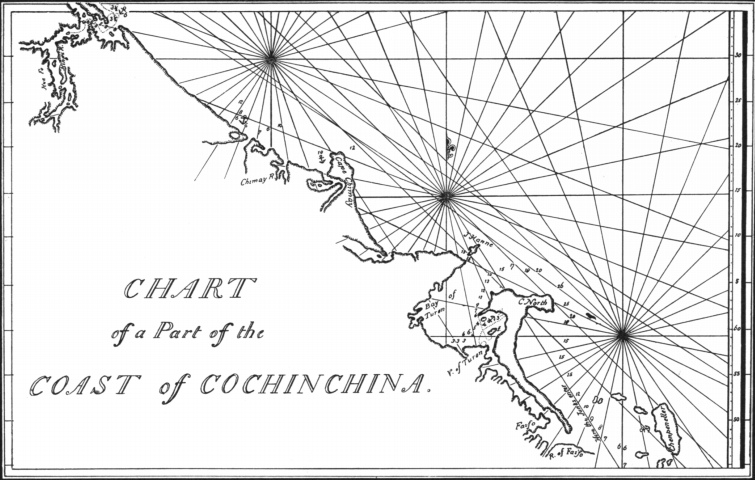 A black-and-white engraved chart: the central Vietnamese coast running diagonally across the sheet, soundings scattered offshore, three compass roses throwing rhumb lines over the sea. In the lower right corner stand the words Fai fo and R. of Faifo.