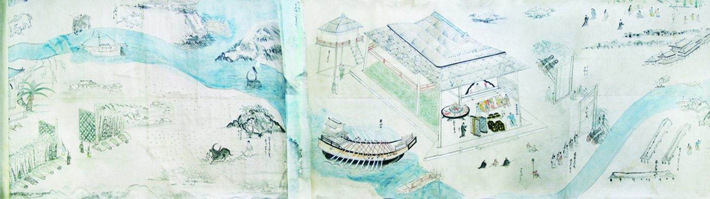 Đoạn tranh cuốn màu nước: dòng sông xanh lượn qua đồng ruộng, một chiếc thuyền đáy đỏ đậu giữa dòng, vọng lâu mái tròn bên bờ, một ngôi nhà mở bày vải vóc và hàng hóa, người quỳ ngoài sân, phía xa có voi và người dắt trâu.