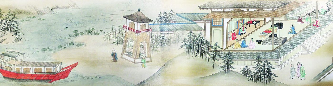 A detail from a handscroll: a red-painted boat moored on the sand, a brick watchtower, and an open hall where an official receives kneeling visitors among lacquered chests and bolts of cloth.