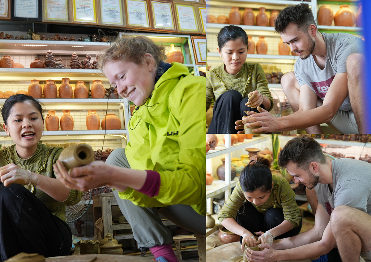 A four-panel photograph of a Thanh Hà potter guiding foreign visitors through throwing pots on a wheel, red unglazed jars displayed on shelves in the background of every frame.